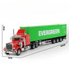 A red diecast container truck model with a green cargo box and wheels.