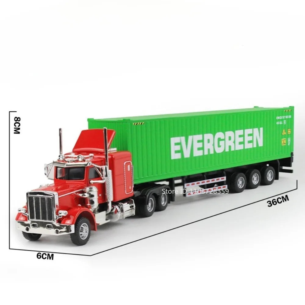 A red diecast container truck model with a green cargo box and wheels.