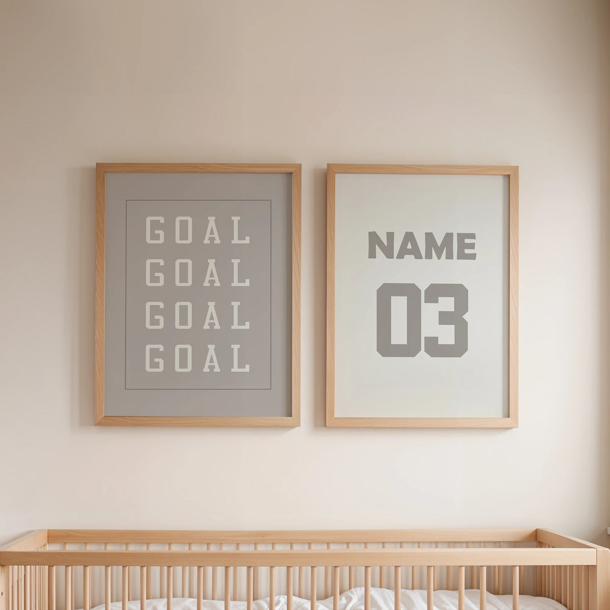Framed wall art featuring the words GOAL GOAL GOAL GOAL and the number 03 on a light beige wall.