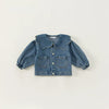 A blue denim jacket for kids featuring a ruffled collar and chest pockets.