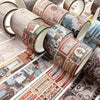 A collection of vintage patterned washi tape rolls in various earthy and muted tones for crafting projects.