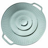A round, light gray silicone spill stopper lid with multiple drainage holes and handles.
