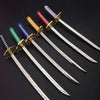 A set of five samurai swords with colorful hilts and silver blades displayed against a dark background.
