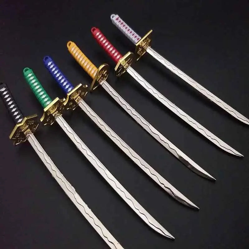 A set of five samurai swords with colorful hilts and silver blades displayed against a dark background.