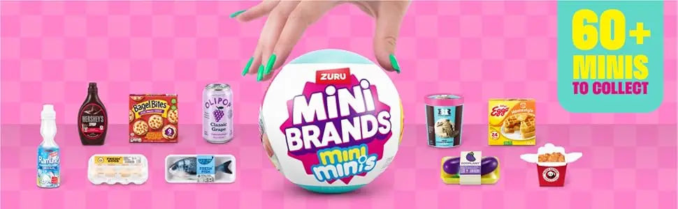 A collection of various mini brands and collectibles displayed around a large Zuru Mini Brands ball.