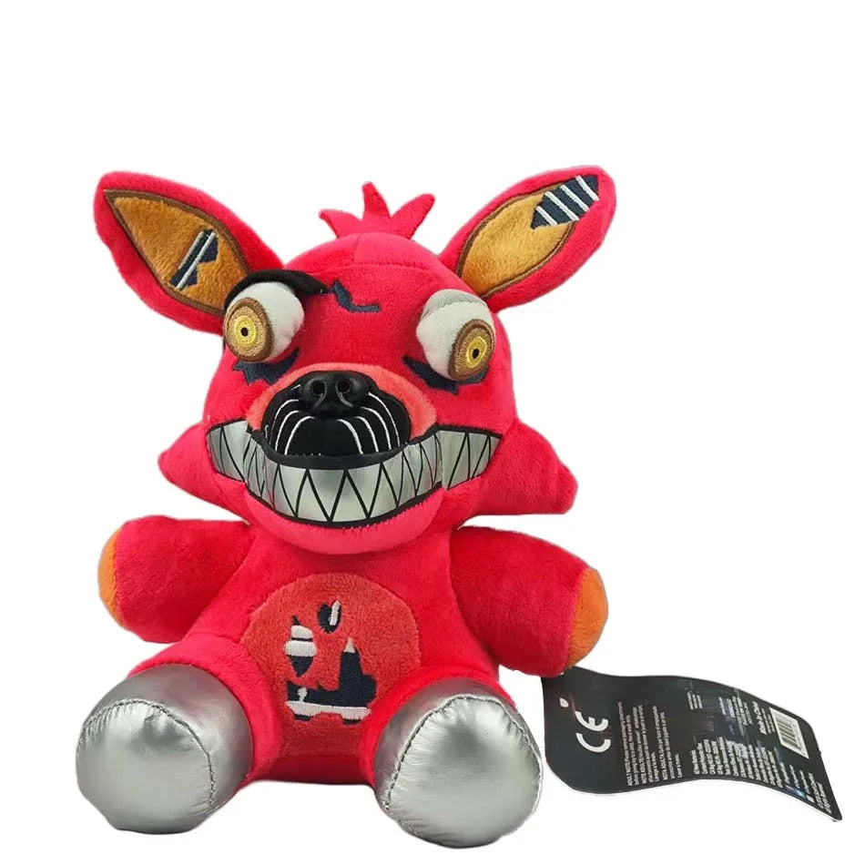 A plush toy of a red animatronic character with large ears and a wide, toothy grin.