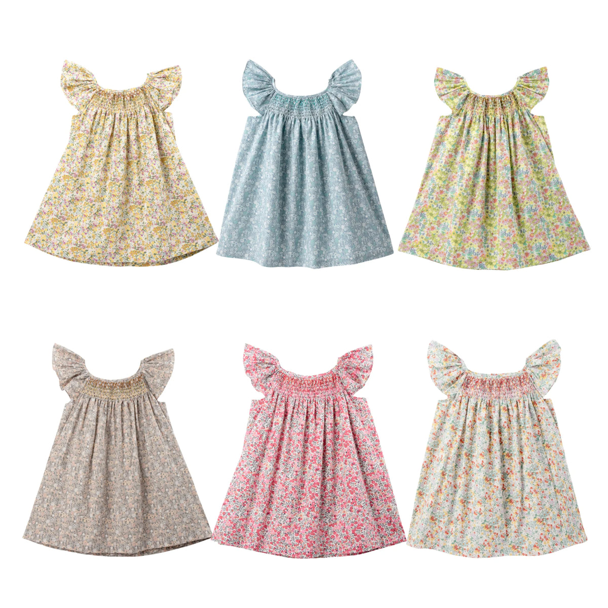 A collection of four girls floral smocked summer dresses with flying sleeves in various patterns and colors.