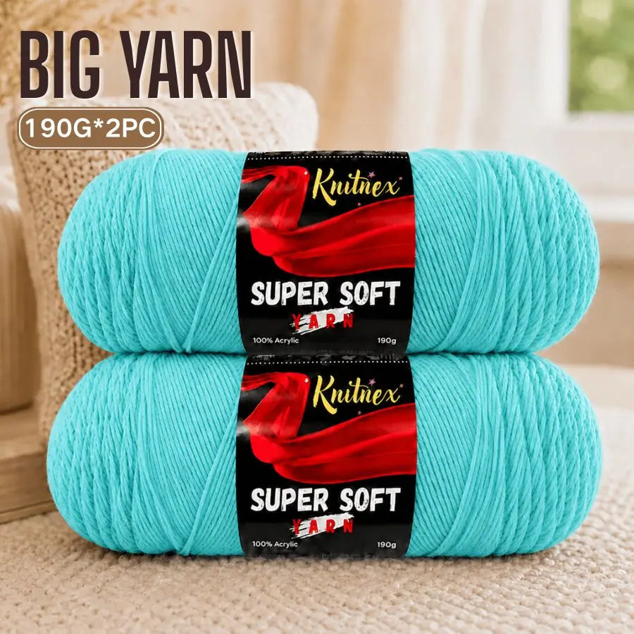 Two skeins of bright turquoise Knitnex Super Soft 100% Acrylic yarn for knitting or crochet projects.