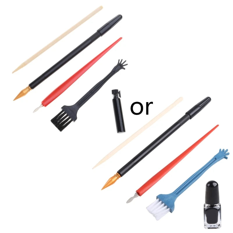 A set of five scratch art tools including a palette knife, brush, and various pointed implements.