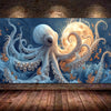 A painting of a white octopus with swirling tentacles against a dark blue background and a large golden moon.