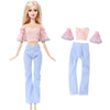 Fashion doll outfit set featuring a pink ruffled crop top and light blue pants with matching pink accents