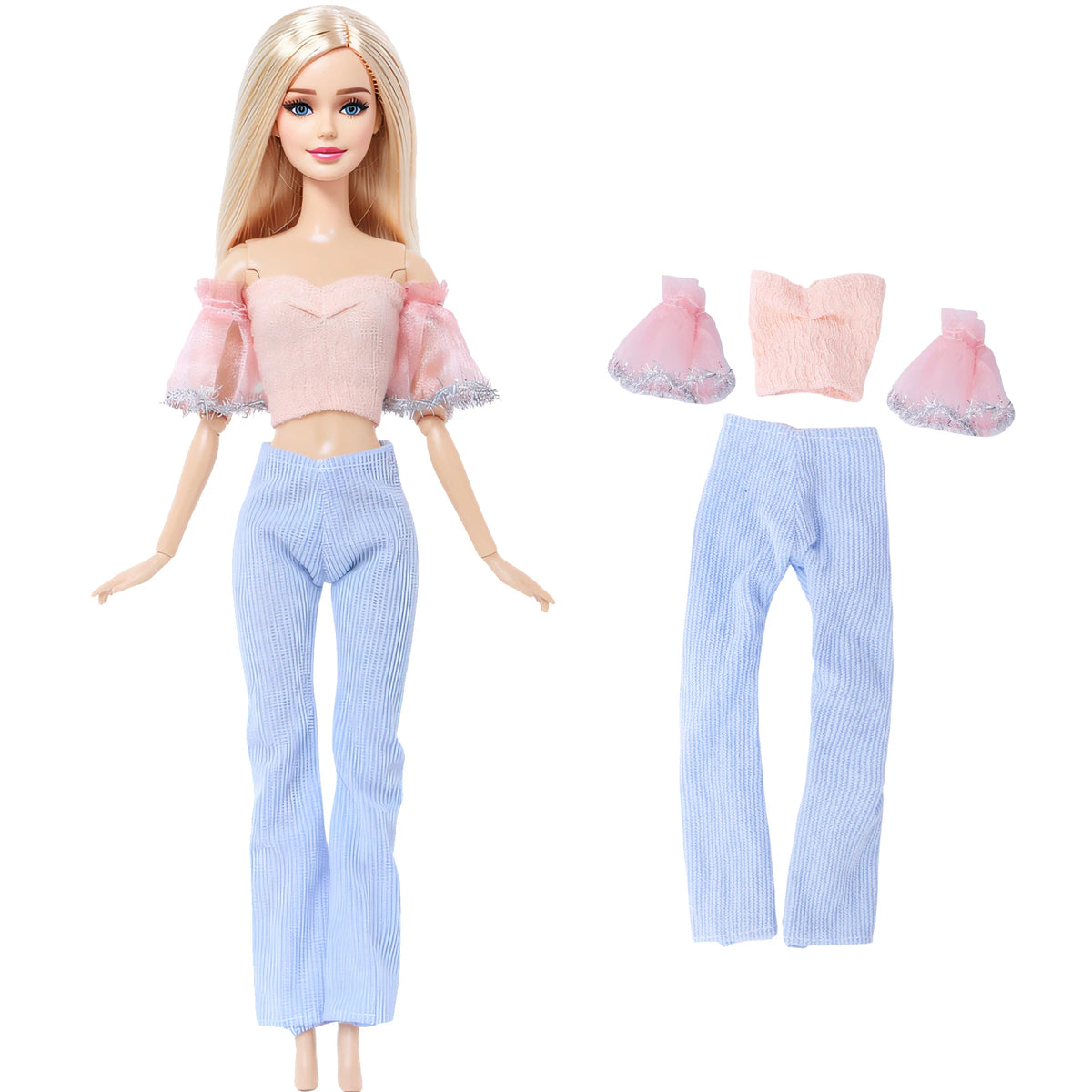 Fashion doll outfit set featuring a pink ruffled crop top and light blue pants with matching pink accents