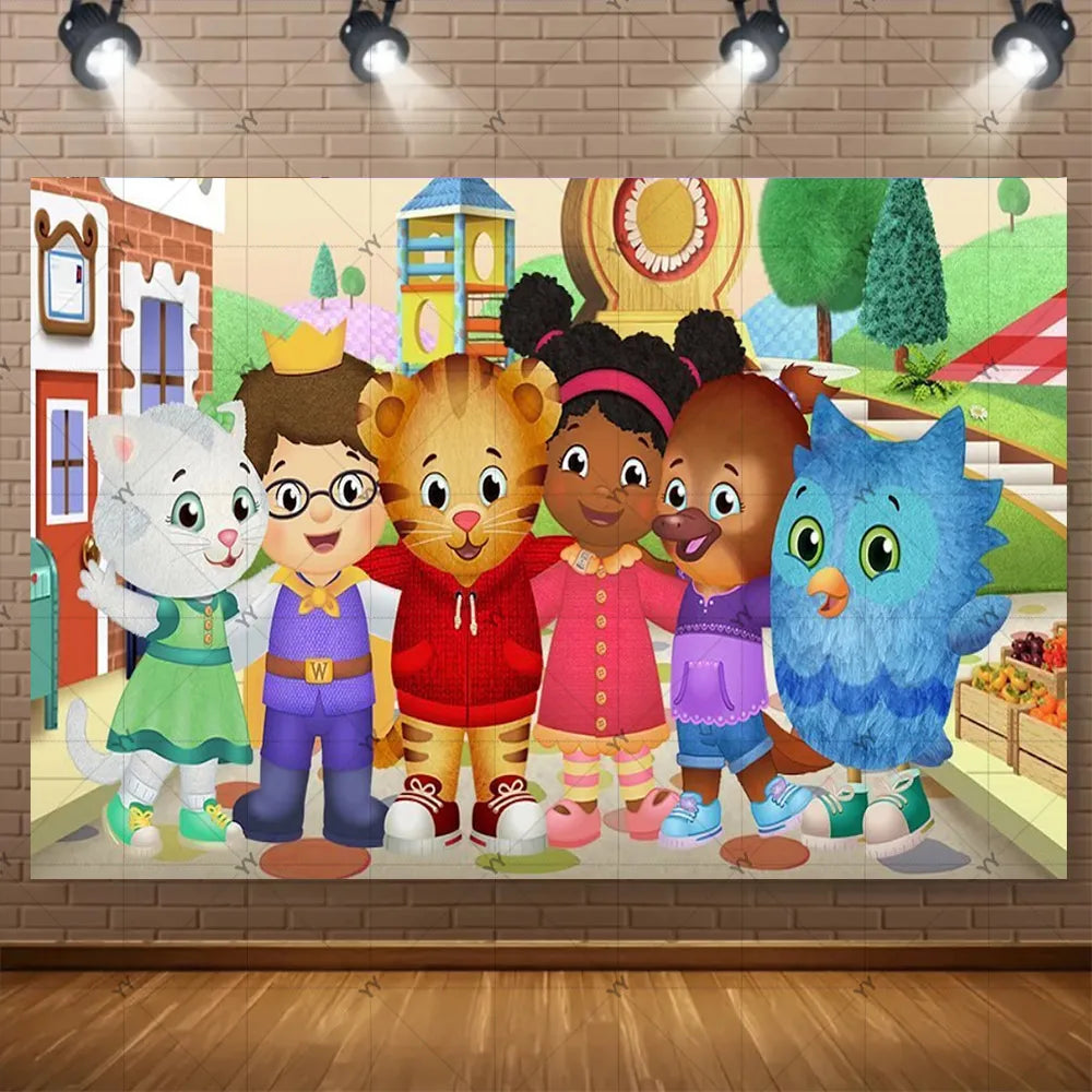 A colorful cartoon illustration featuring a tiger and children celebrating, suitable for a party backdrop.