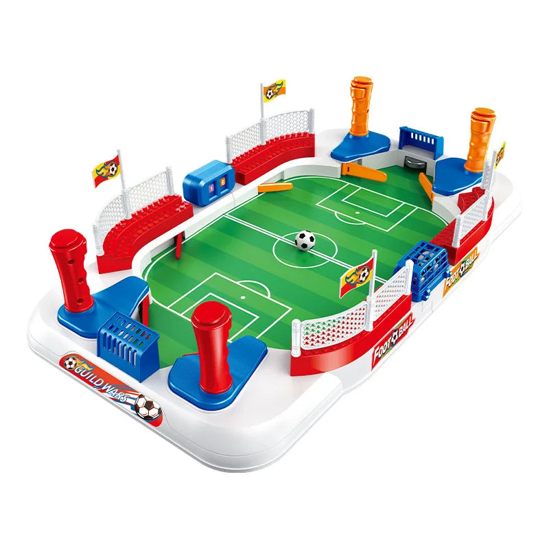 A mini tabletop foosball game featuring two teams, complete with flip control mechanisms and a green playing field.