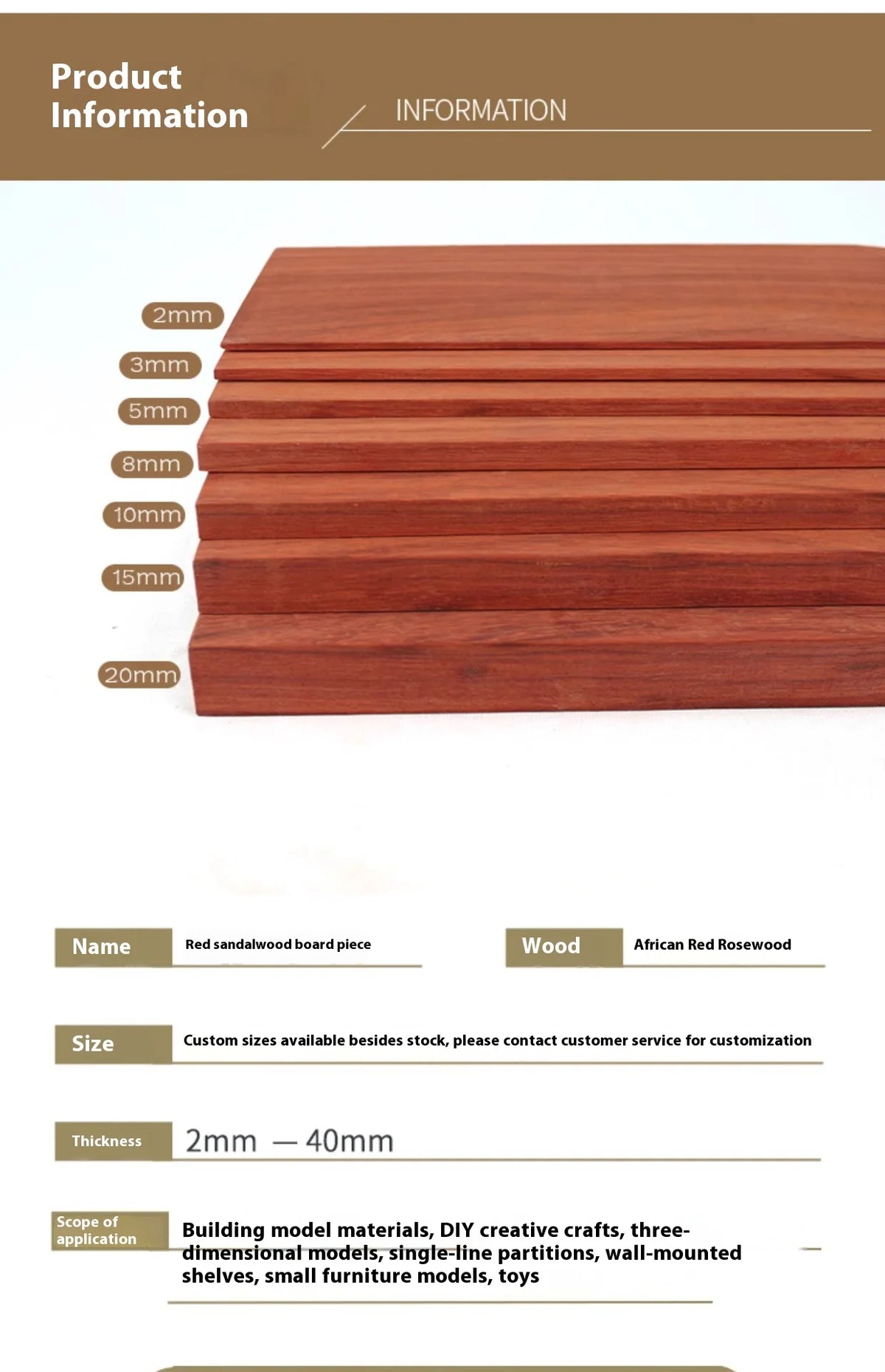 A set of reddish-brown hardwood boards in various thicknesses ranging from 2mm to 20mm for DIY projects
