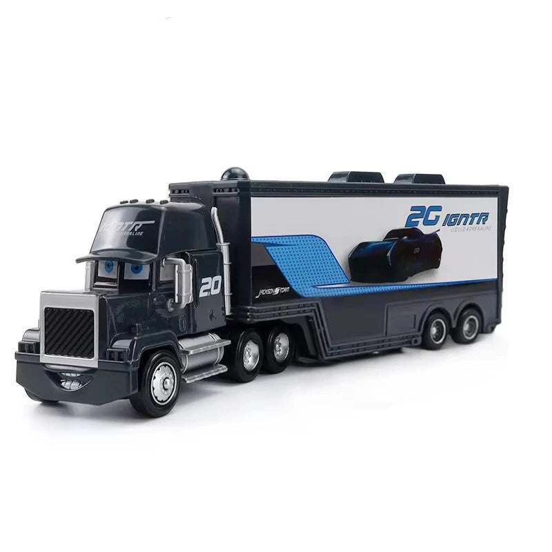 A black diecast toy hauler truck with a blue accent and '2C IGNTAR' branding.