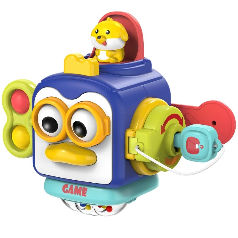 A colorful 6-in-1 Montessori activity cube shaped like a dog, featuring a yellow puppy head and various play components.