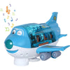 A blue toy airplane with lights and music playing, featuring a smiling face and cockpit details.