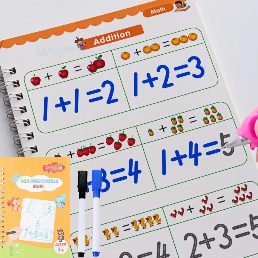 A page from a math workbook showing addition problems like 1+1=2 and 1+4=5 for preschoolers.