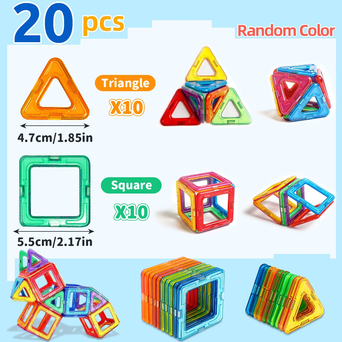 A set of 20 random color magnetic building blocks including triangles and squares for STEM learning.