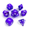 A set of premium metal polyhedral dice in various colors including purple and blue.