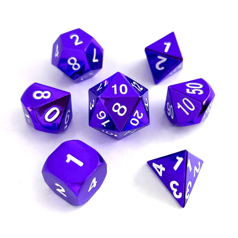 A set of premium metal polyhedral dice in various colors including purple and blue.