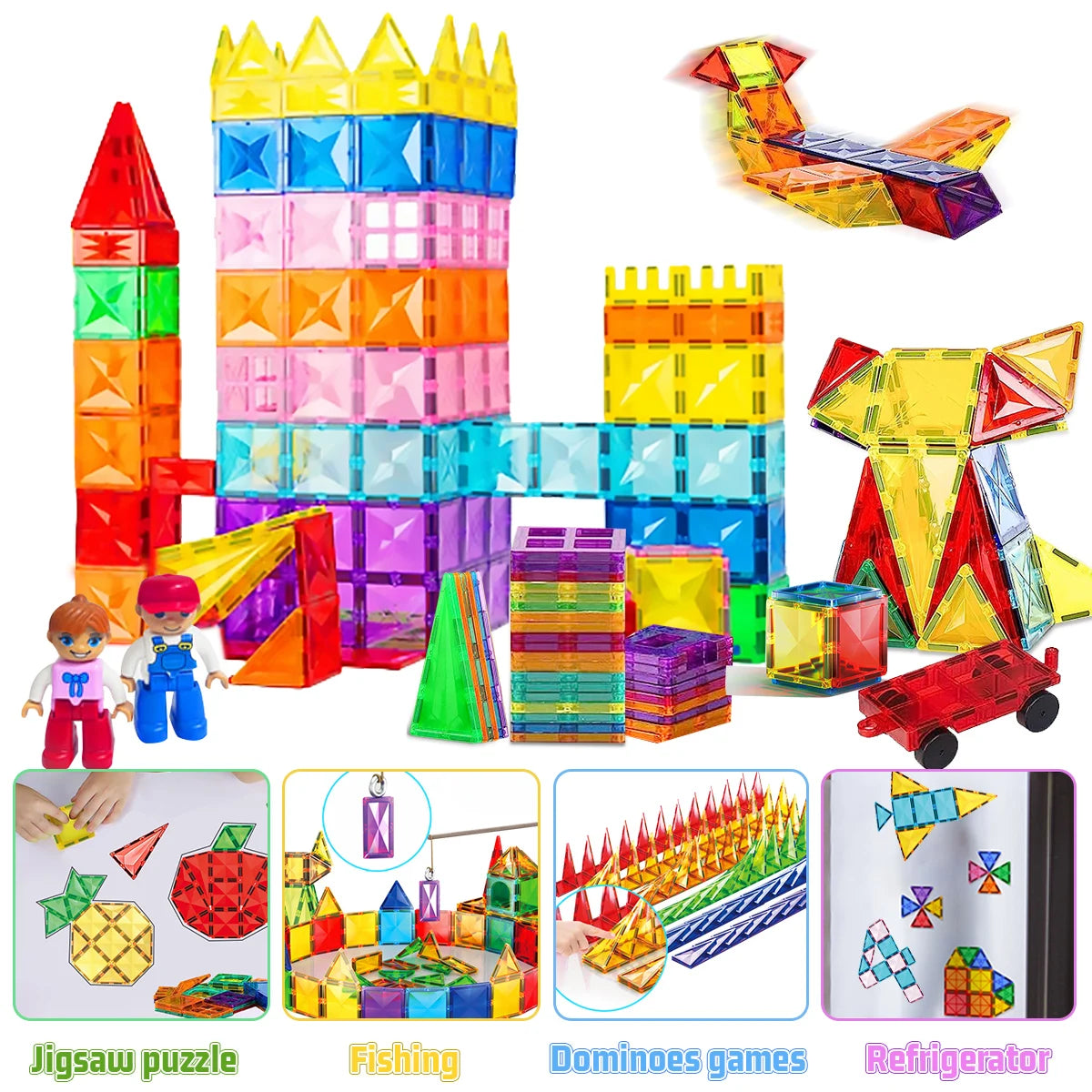 A collection of colorful magnetic building blocks, fishing toys, dominoes games, and a refrigerator.
