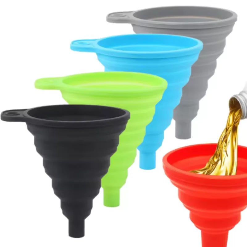 A set of five collapsible silicone funnels in various colors including black, lime green, yellow-green, blue, and gray.