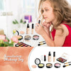A young girl is applying makeup using a simulation makeup toy set with various cosmetic products.