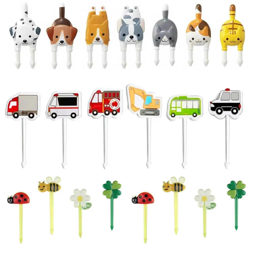 A set of kawaii mini fruit forks in various colors and shapes for kids