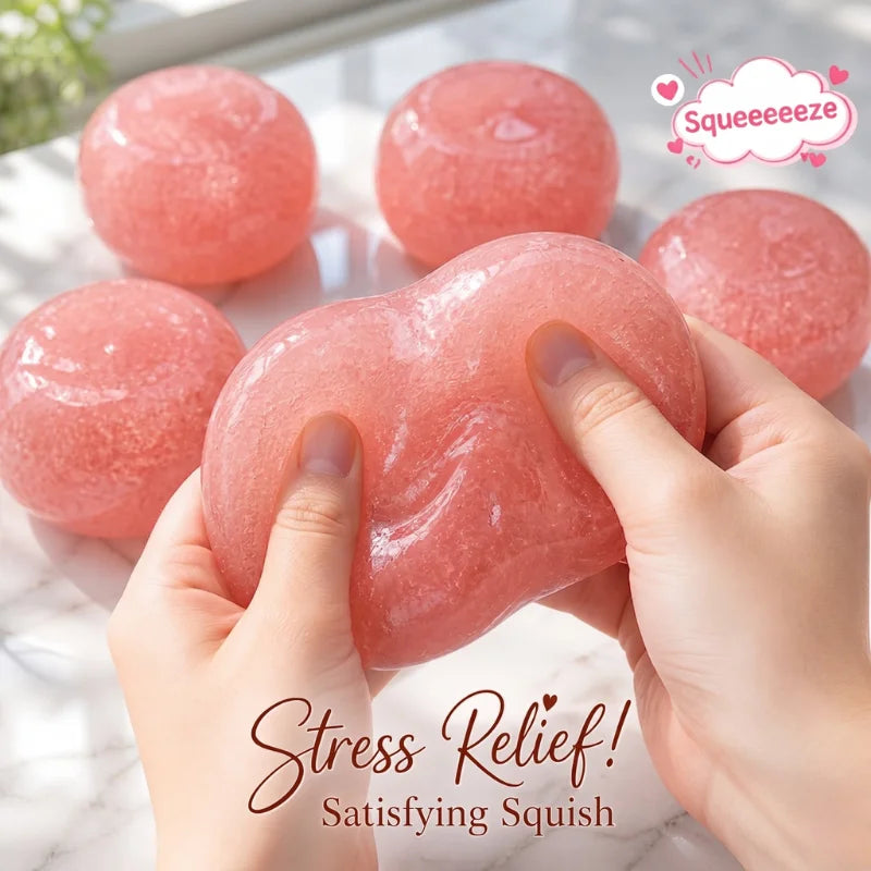 Hands squeeze a pink, realistic mashed potato-shaped squish toy for stress relief.
