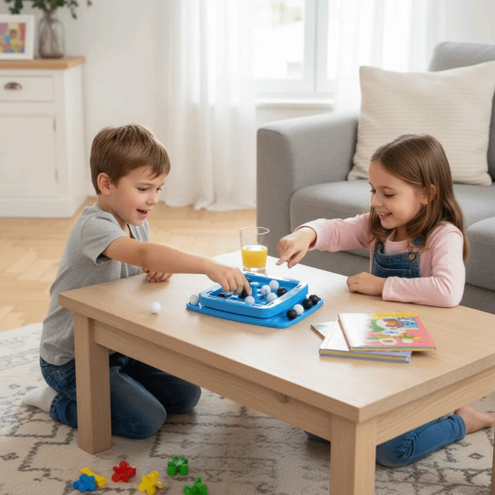 A young boy and girl play a blue strategy board game with colored pieces on a wooden table.