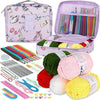 A collection of 59 crochet tools and needles, including a purple organizer case and various colored yarn skeins.