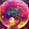 A vibrant diamond painting featuring a pink tree silhouette against a glowing moon and colorful floral landscape.