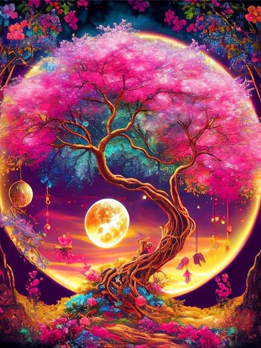 A vibrant diamond painting featuring a pink tree silhouette against a glowing moon and colorful floral landscape.