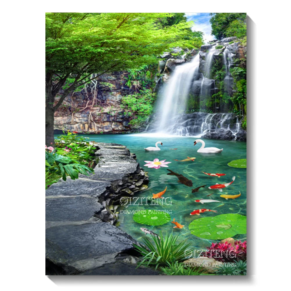 A vibrant forest landscape diamond painting featuring a waterfall cascading over rocks and lush green foliage.