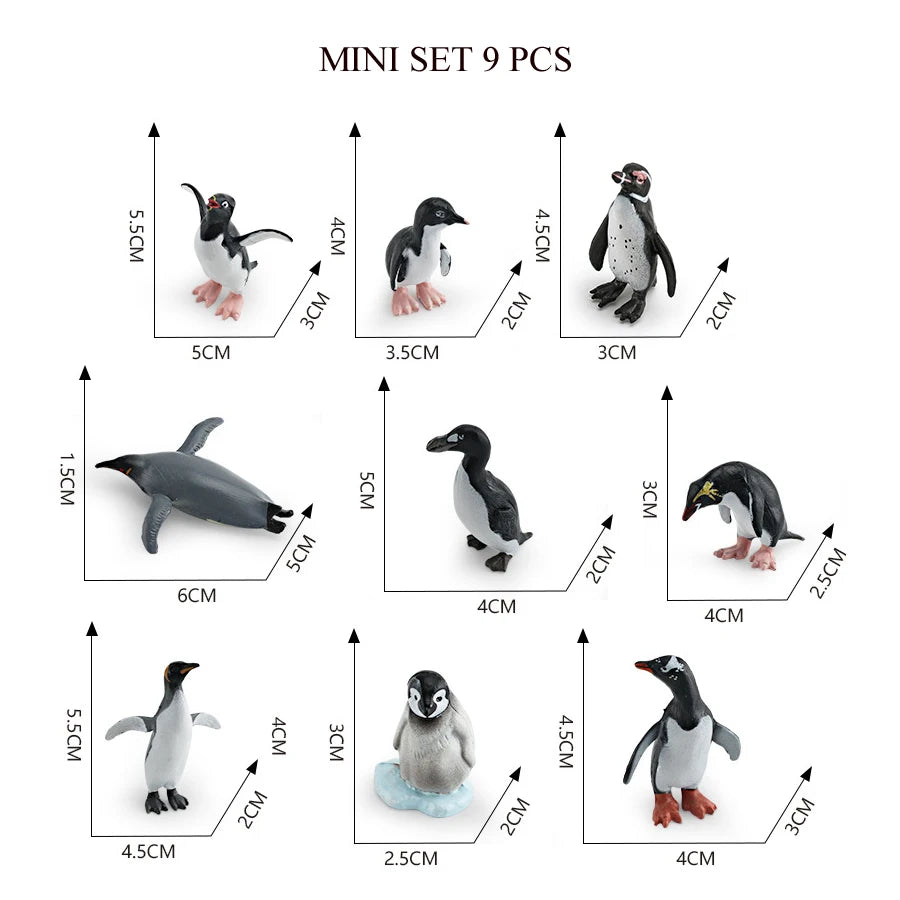 A set of nine realistic mini ocean animal figurines including a whale, shark, dolphin, turtle, and penguin.