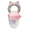A pink silicone baby food feeder with a teether attachment.