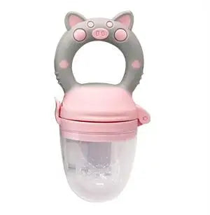 A pink silicone baby food feeder with a teether attachment.