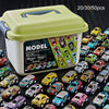 A collection of mini die-cast alloy cars in various colors is displayed inside a storage box.