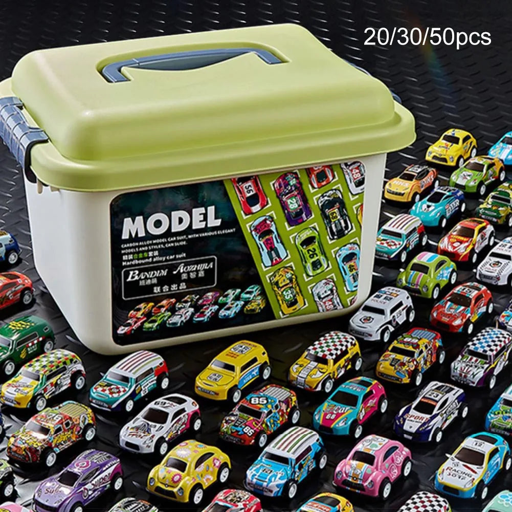 A collection of mini die-cast alloy cars in various colors is displayed inside a storage box.