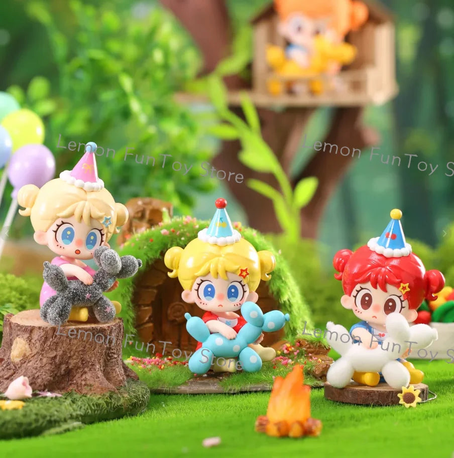 A set of Milay Rainbow Puppy Party blind box collectible figurines featuring a girl and a puppy in a forest setting.