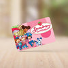 A pink credit card sticker set featuring various Strawberry Shortcake cartoon characters.