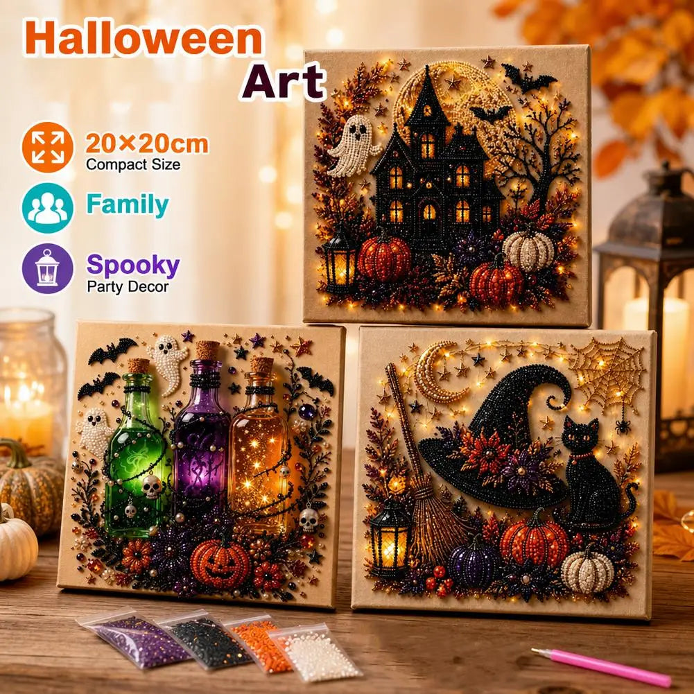 A set of Halloween art kits featuring diamond painting and sticker craft designs on canvas boards.