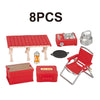 Eight piece miniature camping picnic set including a table, grill, oven box, and chair for dollhouse decor