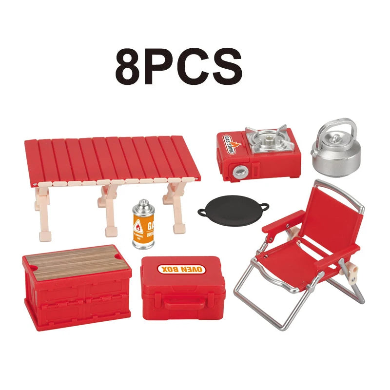 Eight piece miniature camping picnic set including a table, grill, oven box, and chair for dollhouse decor