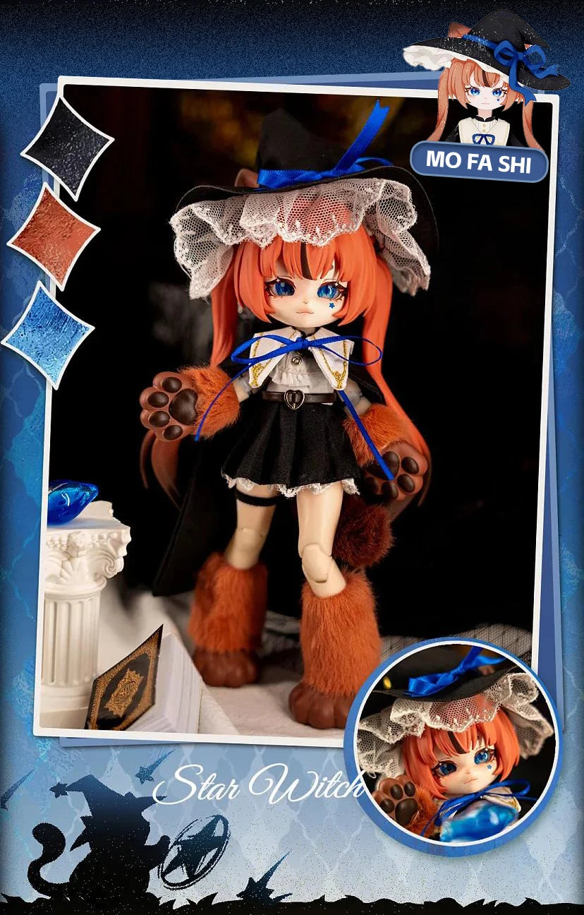 A 1/12 scale Lunar-themed posable doll blind box featuring an orange-haired character in a black outfit and a wide-brimmed ha