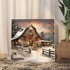 A winter scene of a wooden barn decorated for Christmas with snow and a festive sky.