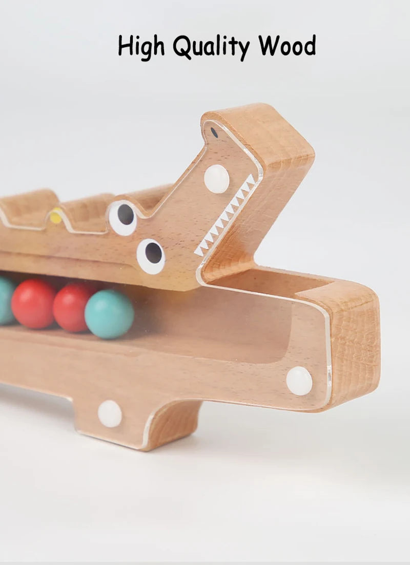 A wooden test tube clip beads toy for color sorting, featuring a light wood texture and various colored beads.