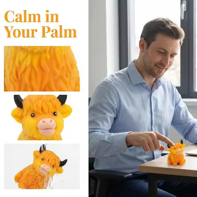 A man is gently touching a small, orange glitter highland cow squishy stress relief toy.